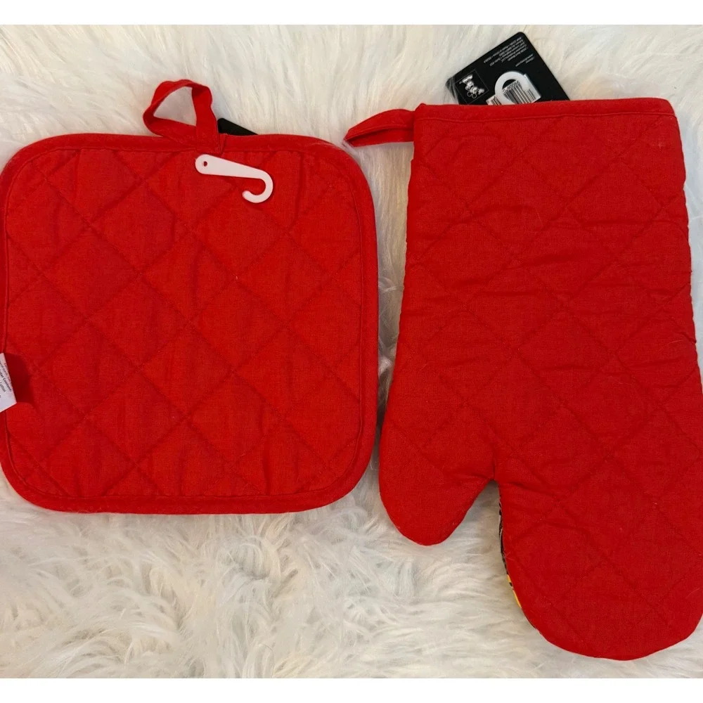 Disney Mickey Mouse 3pc Kitchen Set Towel Oven Mitt Pot Holder Red Grey White
